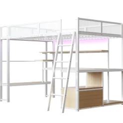 ModernLuxe Lit mezzanine en métal 140x200 cm - Avec LED - Bureau et étagère de rangement - Port USB - Blanc (sans matelas)* Lit Mezzanine