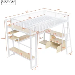 ModernLuxe Lit mezzanine en métal 140x200 cm - Avec LED - Bureau et étagère de rangement - Port USB - Blanc (sans matelas)* Lit Mezzanine