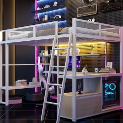 ModernLuxe Lit mezzanine en métal 140x200 cm - Avec LED - Bureau et étagère de rangement - Port USB - Blanc (sans matelas)* Lit Mezzanine