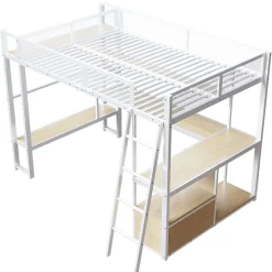 ModernLuxe Lit mezzanine en métal 140x200 cm - Avec LED - Bureau et étagère de rangement - Port USB - Blanc (sans matelas)* Lit Mezzanine