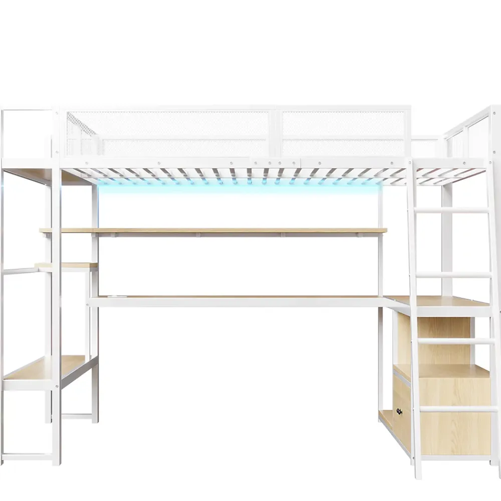 ModernLuxe Lit mezzanine en métal 140x200 cm - Avec LED - Bureau et étagère de rangement - Port USB - Blanc (sans matelas)* Lit Mezzanine