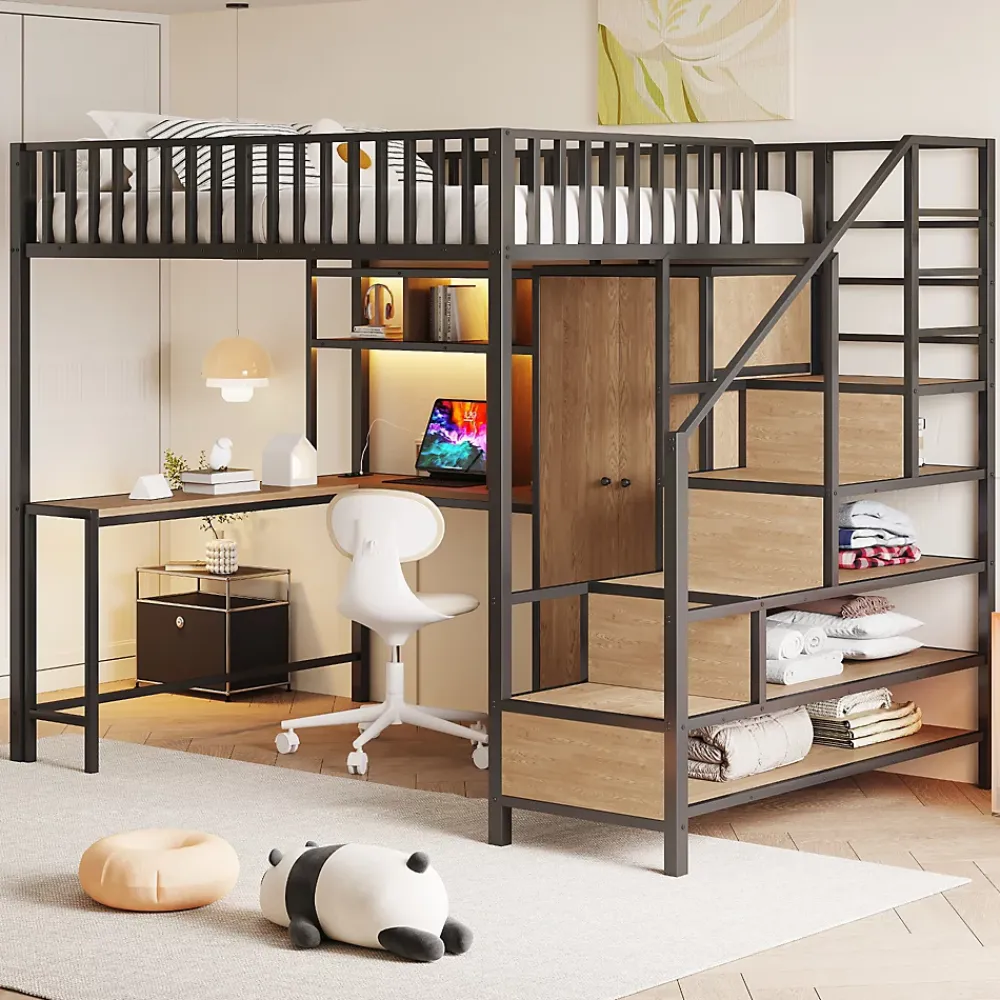 ModernLuxe Lit mezzanine en métal 140x200 cm avec LED - avec étagères - armoire+tiroir - échelle de rangement - noir (sans matelas)* Lit Mezzanine
