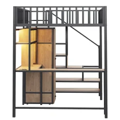 ModernLuxe Lit mezzanine en métal 140x200 cm avec LED - avec étagères - armoire+tiroir - échelle de rangement - noir (sans matelas)* Lit Mezzanine