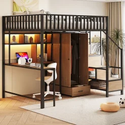 ModernLuxe Lit mezzanine en métal 140x200 cm avec LED - avec étagères - armoire+tiroir - échelle de rangement - noir (sans matelas)* Lit Mezzanine