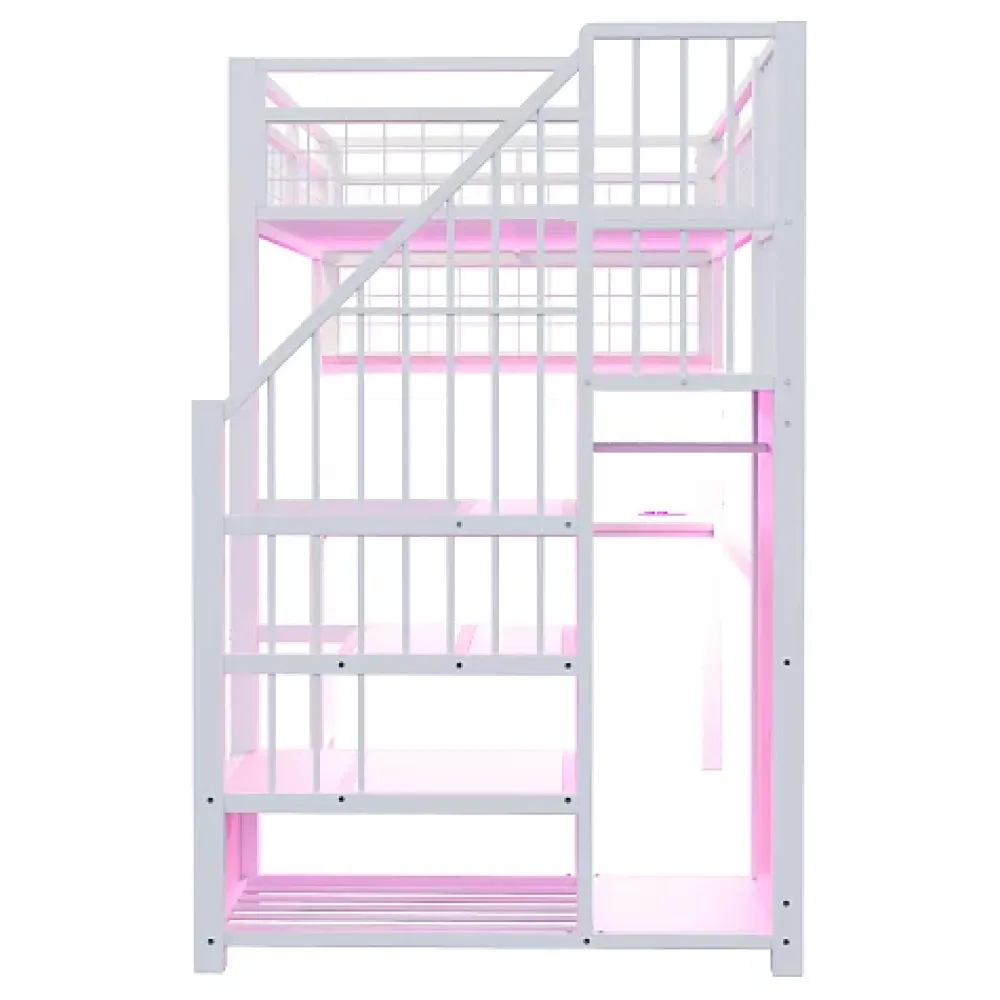 ModernLuxe Lit mezzanine en métal 90x200 cm avec LED - prise de recharge - échelle de rangement - étagères et bureau - blanc (sans matelas)* Lit Mezzanine