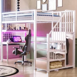 ModernLuxe Lit mezzanine en métal 90x200 cm avec LED - prise de recharge - échelle de rangement - étagères et bureau - blanc (sans matelas)* Lit Mezzanine