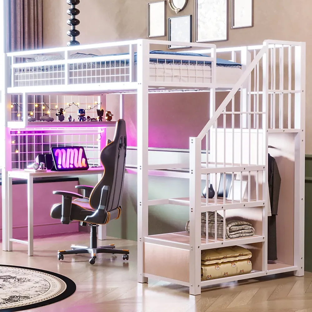 ModernLuxe Lit mezzanine en métal 90x200 cm avec LED - prise de recharge - échelle de rangement - étagères et bureau - blanc (sans matelas)* Lit Mezzanine