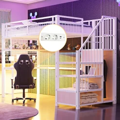 ModernLuxe Lit mezzanine en métal 90x200 cm avec LED - prise de recharge - échelle de rangement - étagères et bureau - blanc (sans matelas)* Lit Mezzanine