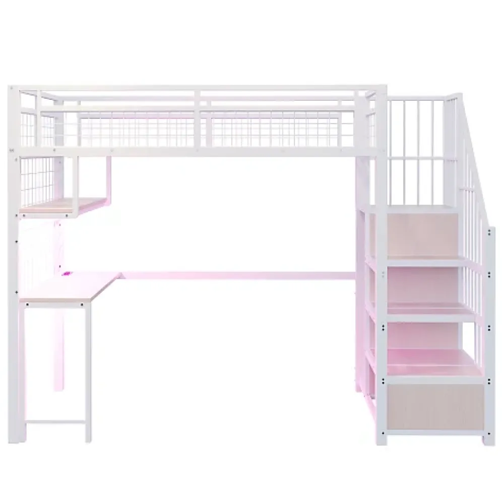 ModernLuxe Lit mezzanine en métal 90x200 cm avec LED - prise de recharge - échelle de rangement - étagères et bureau - blanc (sans matelas)* Lit Mezzanine