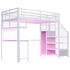 ModernLuxe Lit mezzanine en métal 90x200 cm avec LED - prise de recharge - échelle de rangement - étagères et bureau - blanc (sans matelas)* Lit Mezzanine