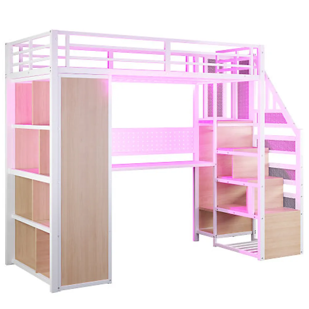 Lit mezzanine en métal 90x200 cm avec armoire et bureau - avec LED - compartiments de rangement - blanc (sans matelas)>ModernLuxe Online