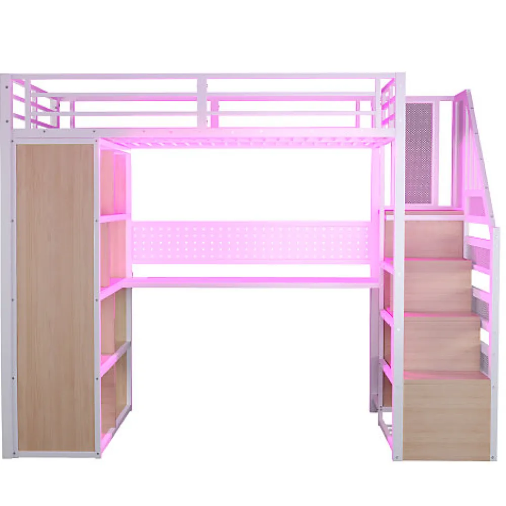 Lit mezzanine en métal 90x200 cm avec armoire et bureau - avec LED - compartiments de rangement - blanc (sans matelas)>ModernLuxe Online