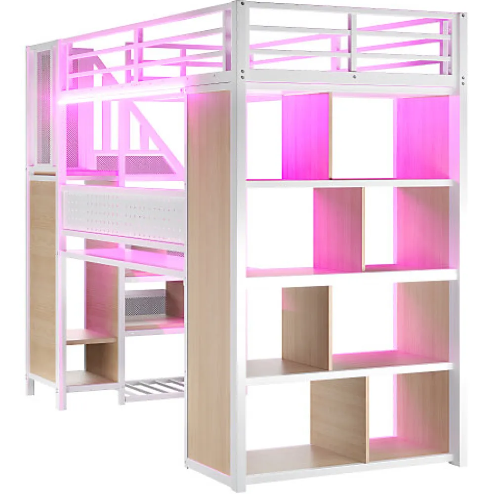 Lit mezzanine en métal 90x200 cm avec armoire et bureau - avec LED - compartiments de rangement - blanc (sans matelas)>ModernLuxe Online
