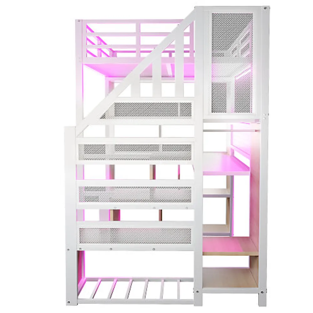 Lit mezzanine en métal 90x200 cm avec armoire et bureau - avec LED - compartiments de rangement - blanc (sans matelas)>ModernLuxe Online
