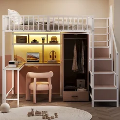ModernLuxe Lit mezzanine en métal 140x200 cm avec LED - avec étagères - armoire+tiroir - échelle de rangement - blanc (sans matelas)* Lit Mezzanine