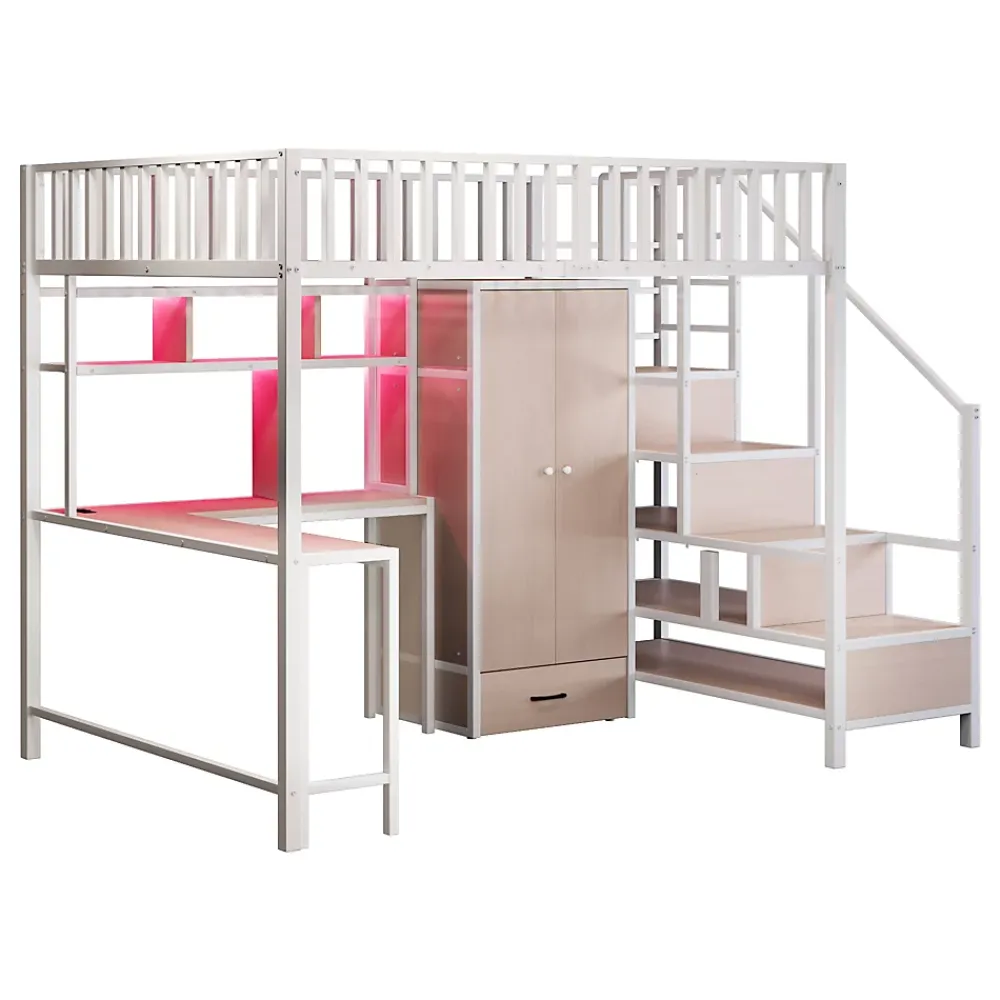 ModernLuxe Lit mezzanine en métal 140x200 cm avec LED - avec étagères - armoire+tiroir - échelle de rangement - blanc (sans matelas)* Lit Mezzanine