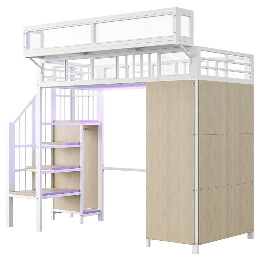 ModernLuxe Lit mezzanine en métal 90x200cm avec armoire - échelle de sécurité - avec LED - barrières de sécurité - blanc (sans matelas)* Lit Mezzanine