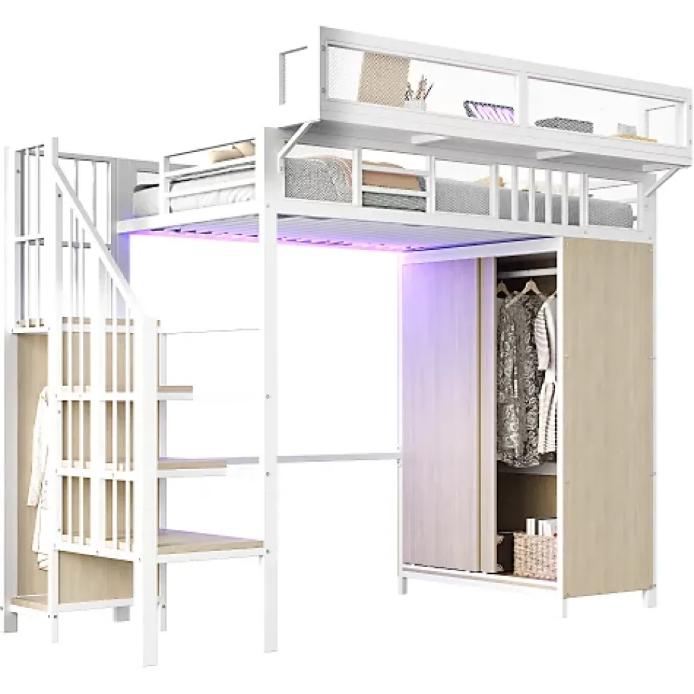 ModernLuxe Lit mezzanine en métal 90x200cm avec armoire - échelle de sécurité - avec LED - barrières de sécurité - blanc (sans matelas)* Lit Mezzanine