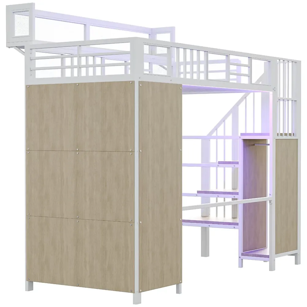 ModernLuxe Lit mezzanine en métal 90x200cm avec armoire - échelle de sécurité - avec LED - barrières de sécurité - blanc (sans matelas)* Lit Mezzanine