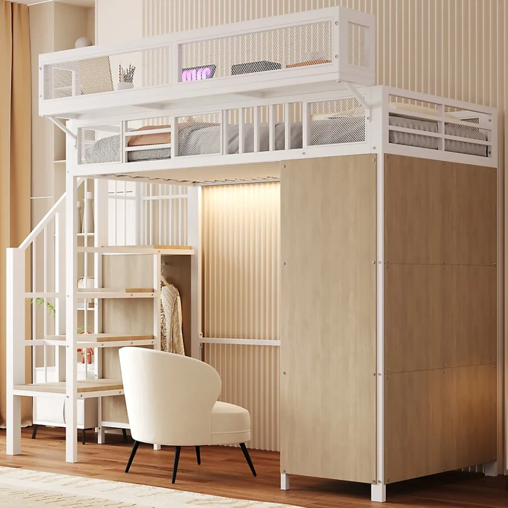 ModernLuxe Lit mezzanine en métal 90x200cm avec armoire - échelle de sécurité - avec LED - barrières de sécurité - blanc (sans matelas)* Lit Mezzanine