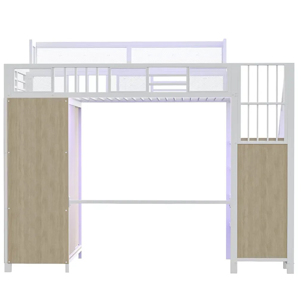 ModernLuxe Lit mezzanine en métal 90x200cm avec armoire - échelle de sécurité - avec LED - barrières de sécurité - blanc (sans matelas)* Lit Mezzanine