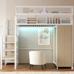ModernLuxe Lit mezzanine en métal 90x200cm avec armoire - échelle de sécurité - avec LED - barrières de sécurité - blanc (sans matelas)* Lit Mezzanine