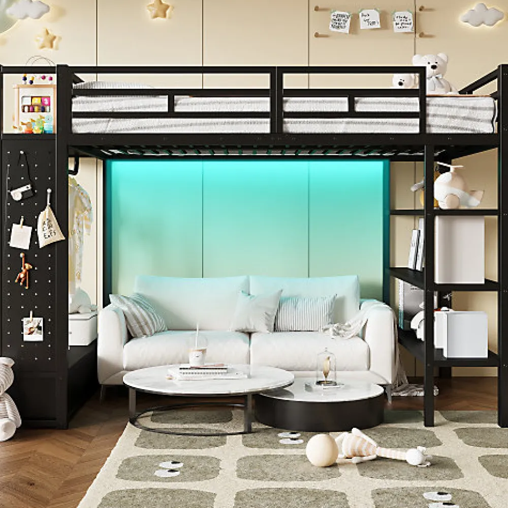 Lit mezzanine en métal 140x200cm avec LED - Armoire ouverte et 2 tiroirs - Étagères+panneaux de rangement - Noir (sans matelas)>ModernLuxe Discount