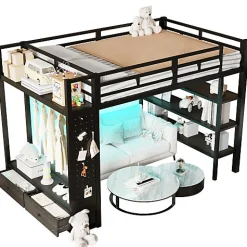 Lit mezzanine en métal 140x200cm avec LED - Armoire ouverte et 2 tiroirs - Étagères+panneaux de rangement - Noir (sans matelas)><noscript><img width=