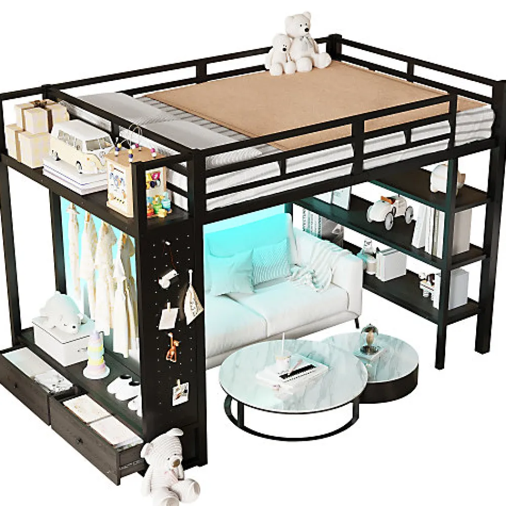 Lit mezzanine en métal 140x200cm avec LED - Armoire ouverte et 2 tiroirs - Étagères+panneaux de rangement - Noir (sans matelas)>ModernLuxe Discount
