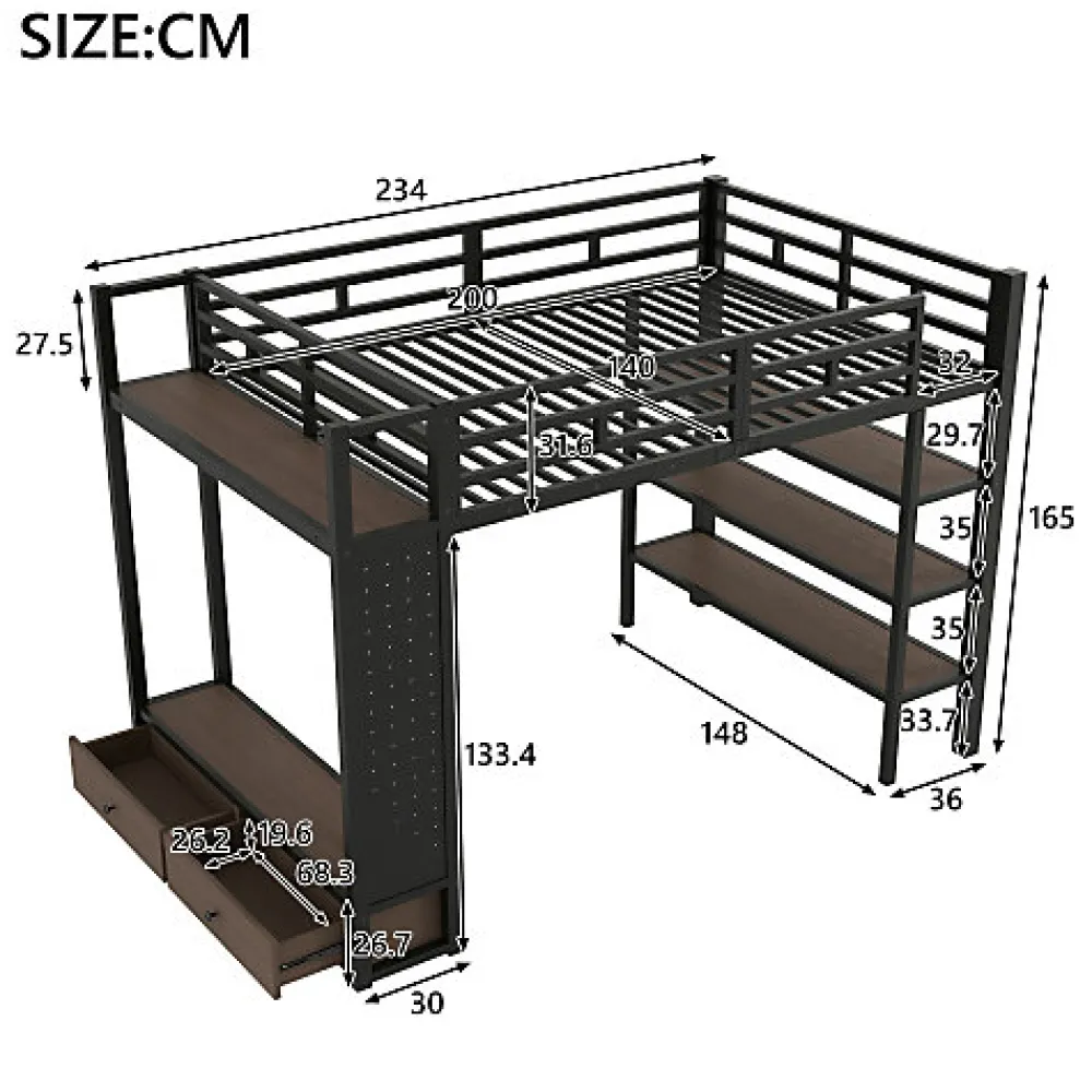Lit mezzanine en métal 140x200cm avec LED - Armoire ouverte et 2 tiroirs - Étagères+panneaux de rangement - Noir (sans matelas)>ModernLuxe Discount
