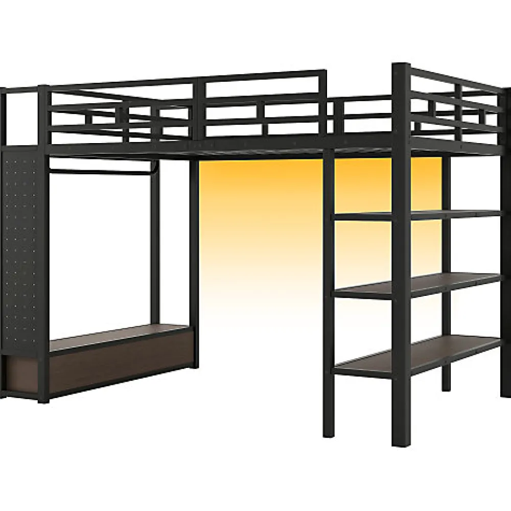 Lit mezzanine en métal 140x200cm avec LED - Armoire ouverte et 2 tiroirs - Étagères+panneaux de rangement - Noir (sans matelas)>ModernLuxe Discount