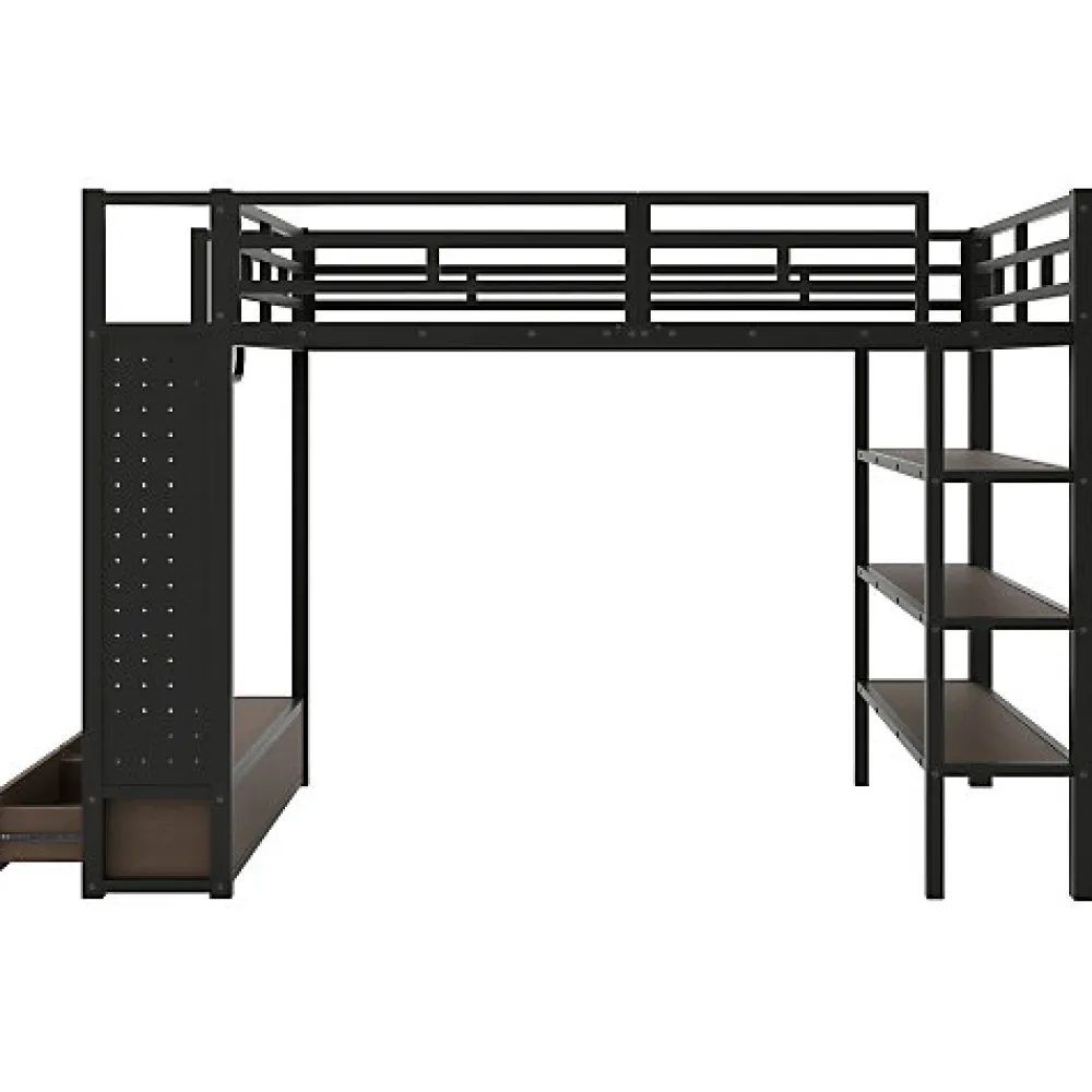 Lit mezzanine en métal 140x200cm avec LED - Armoire ouverte et 2 tiroirs - Étagères+panneaux de rangement - Noir (sans matelas)>ModernLuxe Discount
