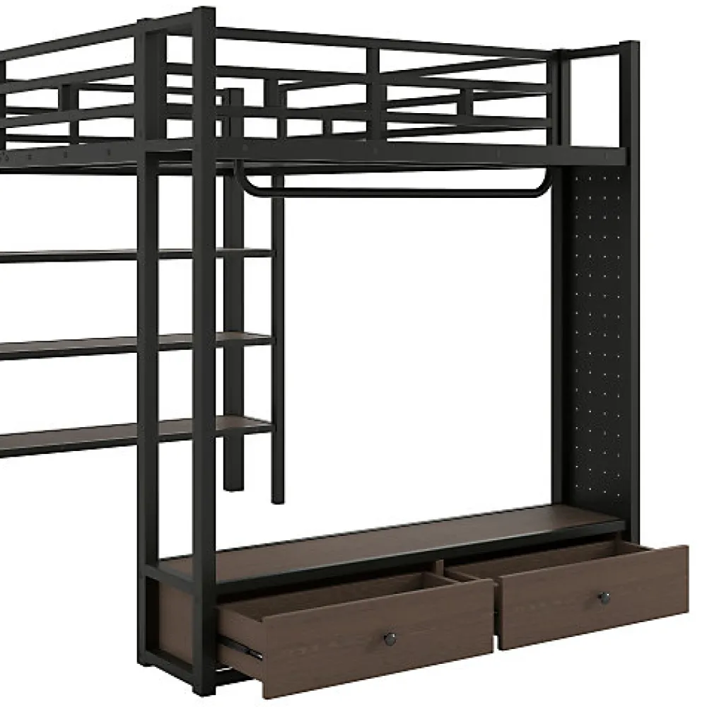 Lit mezzanine en métal 140x200cm avec LED - Armoire ouverte et 2 tiroirs - Étagères+panneaux de rangement - Noir (sans matelas)>ModernLuxe Discount