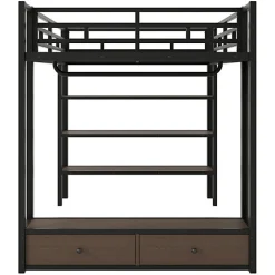 Lit mezzanine en métal 140x200cm avec LED - Armoire ouverte et 2 tiroirs - Étagères+panneaux de rangement - Noir (sans matelas)><noscript><img width=
