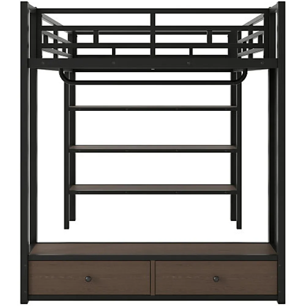 Lit mezzanine en métal 140x200cm avec LED - Armoire ouverte et 2 tiroirs - Étagères+panneaux de rangement - Noir (sans matelas)>ModernLuxe Discount