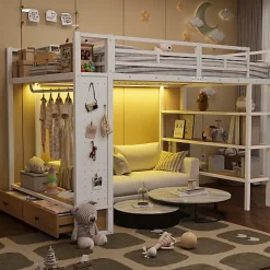 ModernLuxe Lit mezzanine en métal 140x200cm avec LED - Armoire ouverte et 2 tiroirs - Étagères+panneaux de rangement - Blanc (sans matelas)* Lit Mezzanine