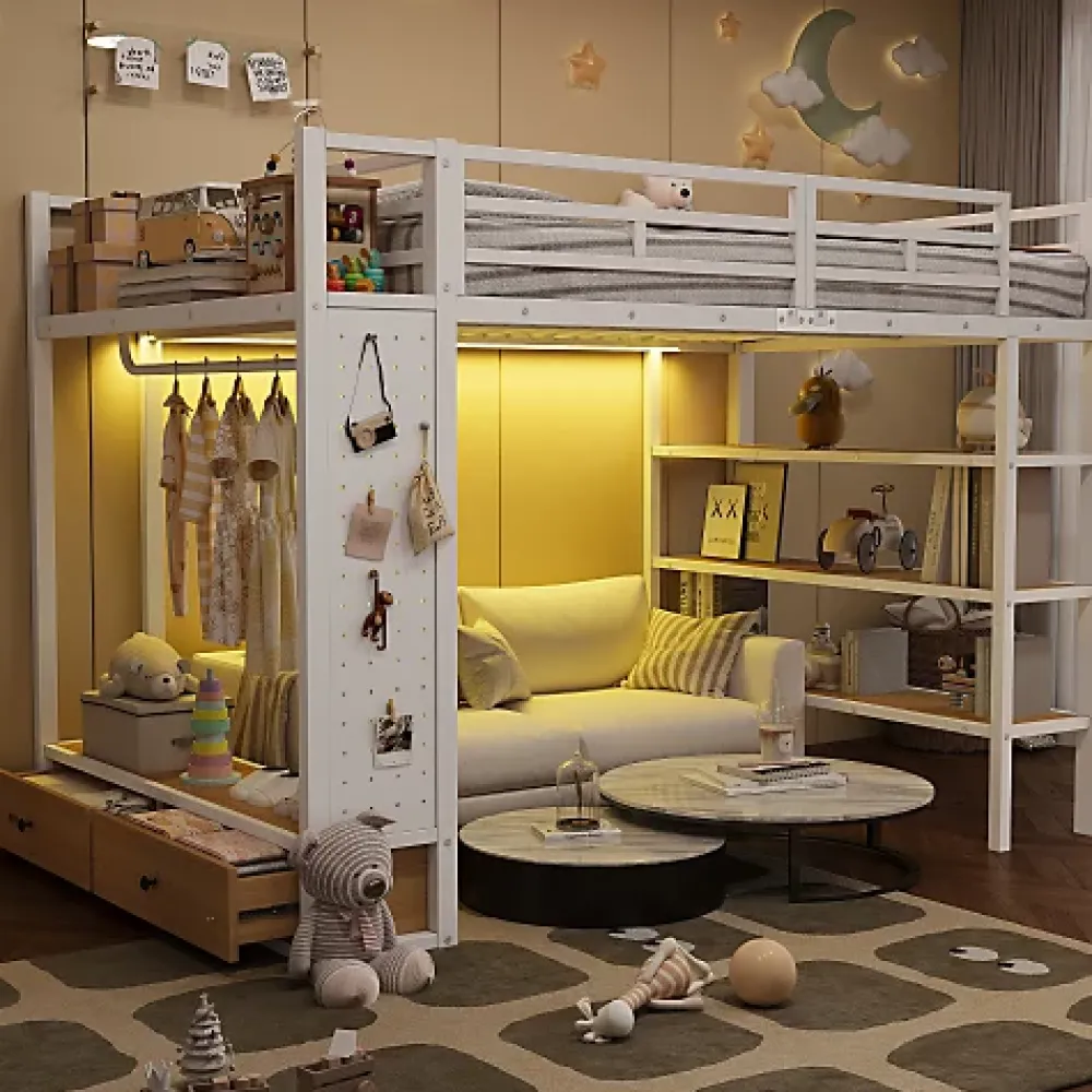 ModernLuxe Lit mezzanine en métal 140x200cm avec LED - Armoire ouverte et 2 tiroirs - Étagères+panneaux de rangement - Blanc (sans matelas)* Lit Mezzanine