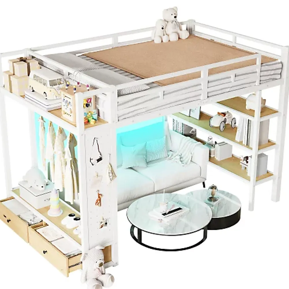 ModernLuxe Lit mezzanine en métal 140x200cm avec LED - Armoire ouverte et 2 tiroirs - Étagères+panneaux de rangement - Blanc (sans matelas)* Lit Mezzanine