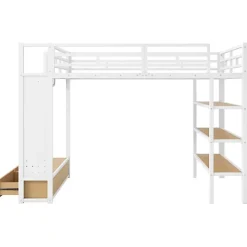 ModernLuxe Lit mezzanine en métal 140x200cm avec LED - Armoire ouverte et 2 tiroirs - Étagères+panneaux de rangement - Blanc (sans matelas)* Lit Mezzanine