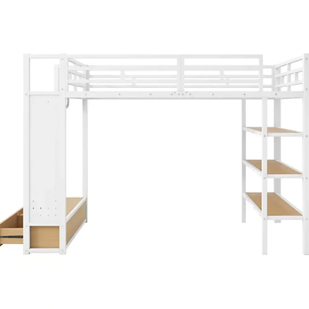 ModernLuxe Lit mezzanine en métal 140x200cm avec LED - Armoire ouverte et 2 tiroirs - Étagères+panneaux de rangement - Blanc (sans matelas)* Lit Mezzanine