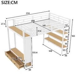 ModernLuxe Lit mezzanine en métal 140x200cm avec LED - Armoire ouverte et 2 tiroirs - Étagères+panneaux de rangement - Blanc (sans matelas)* Lit Mezzanine