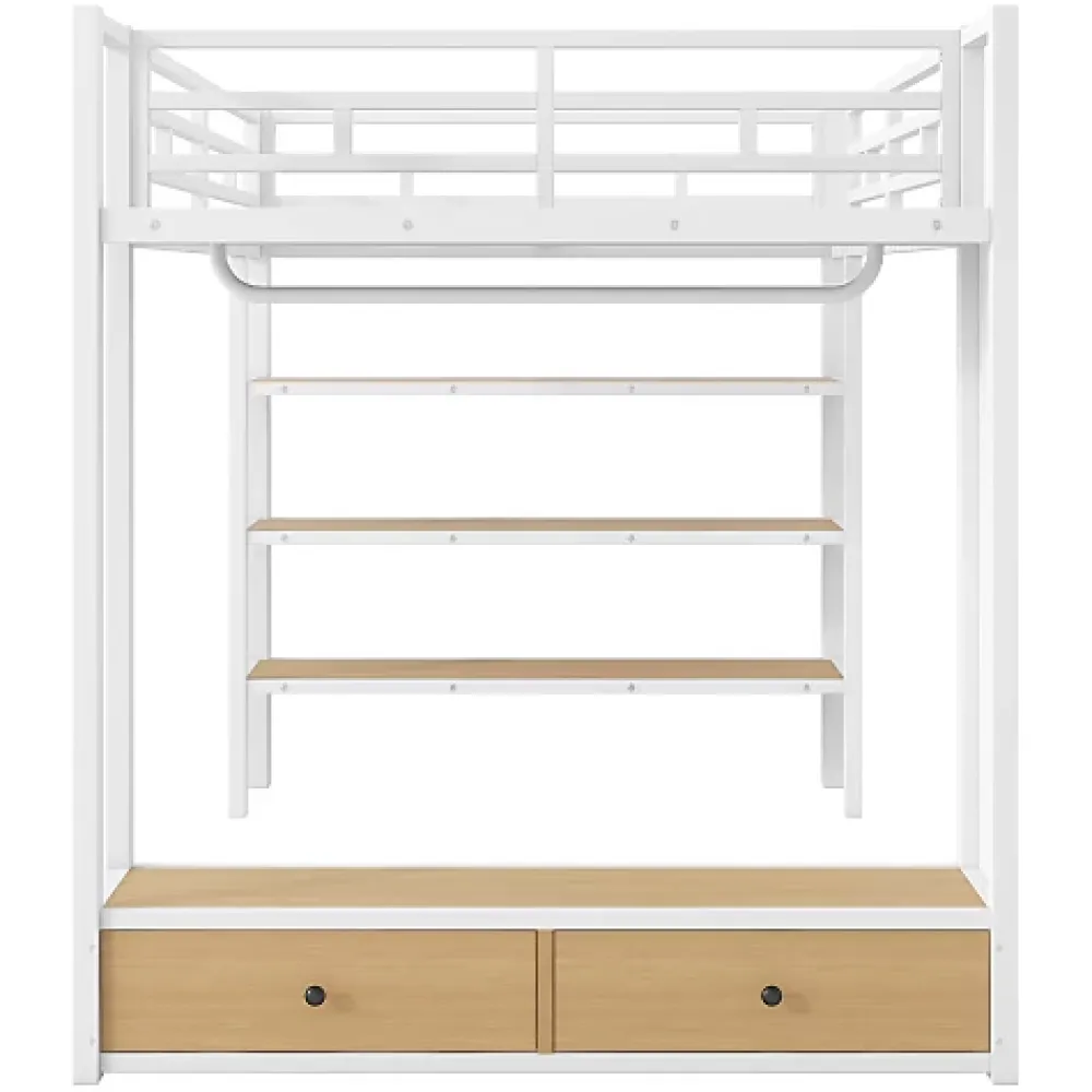ModernLuxe Lit mezzanine en métal 140x200cm avec LED - Armoire ouverte et 2 tiroirs - Étagères+panneaux de rangement - Blanc (sans matelas)* Lit Mezzanine