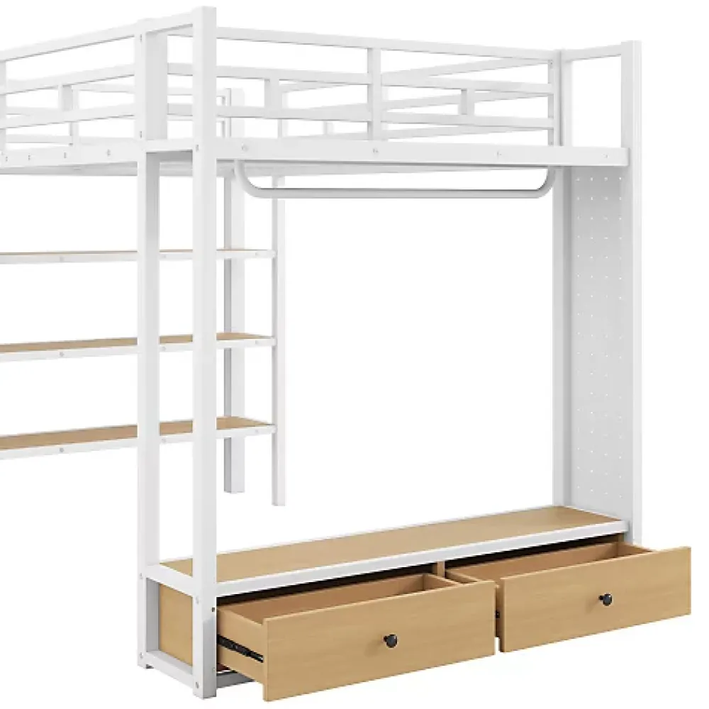 ModernLuxe Lit mezzanine en métal 140x200cm avec LED - Armoire ouverte et 2 tiroirs - Étagères+panneaux de rangement - Blanc (sans matelas)* Lit Mezzanine