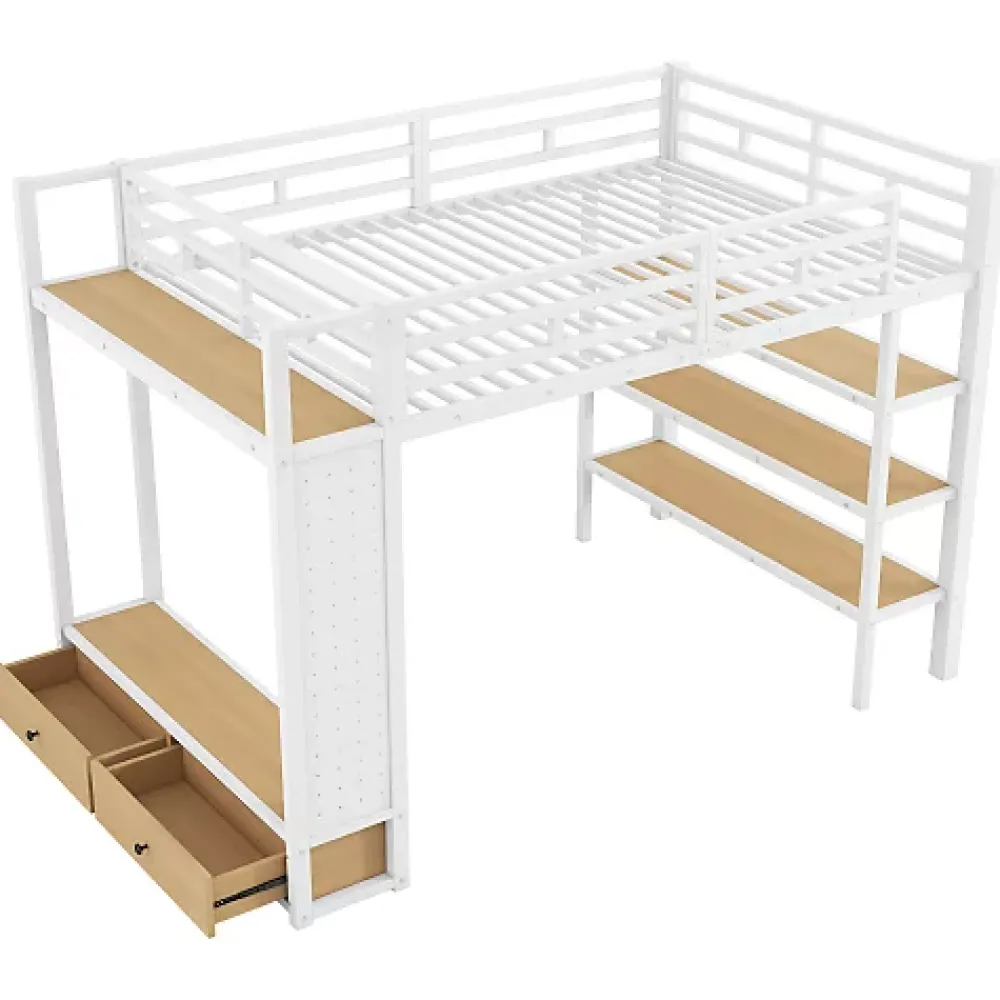 ModernLuxe Lit mezzanine en métal 140x200cm avec LED - Armoire ouverte et 2 tiroirs - Étagères+panneaux de rangement - Blanc (sans matelas)* Lit Mezzanine