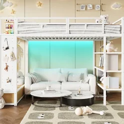 ModernLuxe Lit mezzanine en métal 140x200cm avec LED - Armoire ouverte et 2 tiroirs - Étagères+panneaux de rangement - Blanc (sans matelas)* Lit Mezzanine