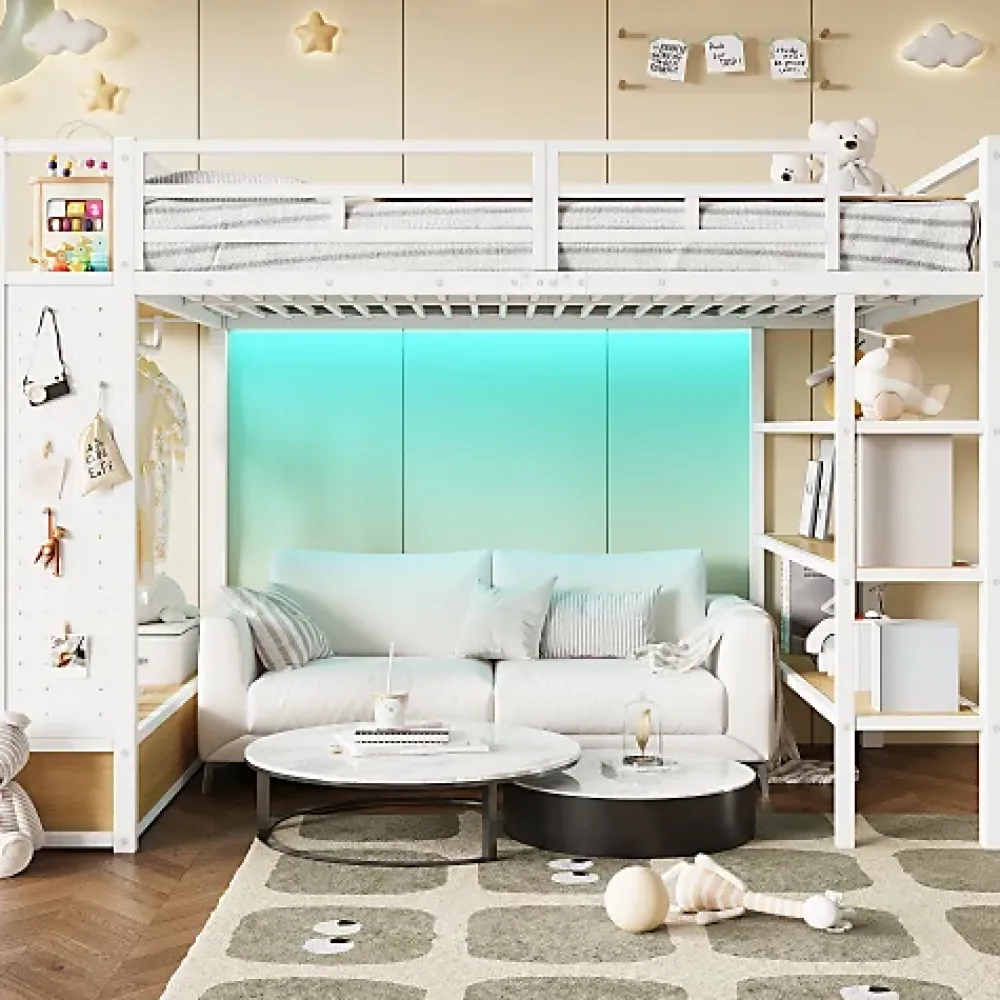 ModernLuxe Lit mezzanine en métal 140x200cm avec LED - Armoire ouverte et 2 tiroirs - Étagères+panneaux de rangement - Blanc (sans matelas)* Lit Mezzanine