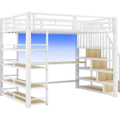 ModernLuxe Lit mezzanine en métal 140x200cm - Avec bureau et compartiments de rangement - Avec LED et port USB - MDF - Blanc (sans matelas)* Lit Mezzanine