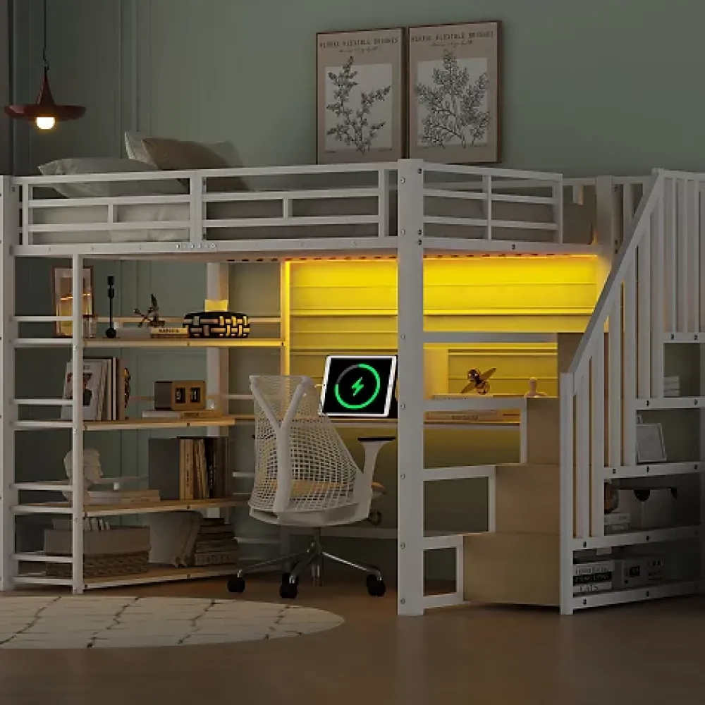 ModernLuxe Lit mezzanine en métal 140x200cm - Avec bureau et compartiments de rangement - Avec LED et port USB - MDF - Blanc (sans matelas)* Lit Mezzanine
