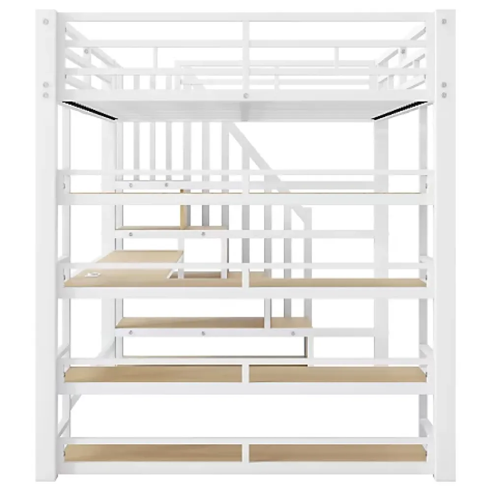 ModernLuxe Lit mezzanine en métal 140x200cm - Avec bureau et compartiments de rangement - Avec LED et port USB - MDF - Blanc (sans matelas)* Lit Mezzanine