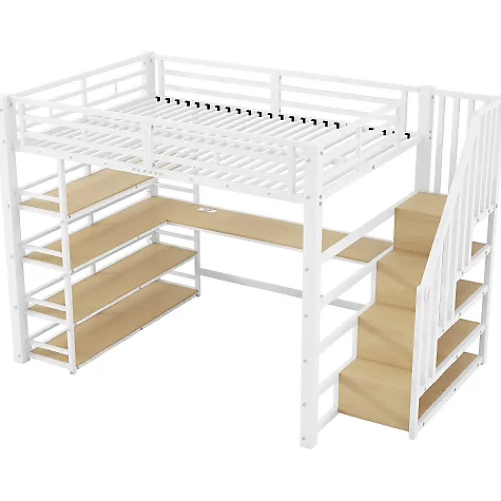 ModernLuxe Lit mezzanine en métal 140x200cm - Avec bureau et compartiments de rangement - Avec LED et port USB - MDF - Blanc (sans matelas)* Lit Mezzanine